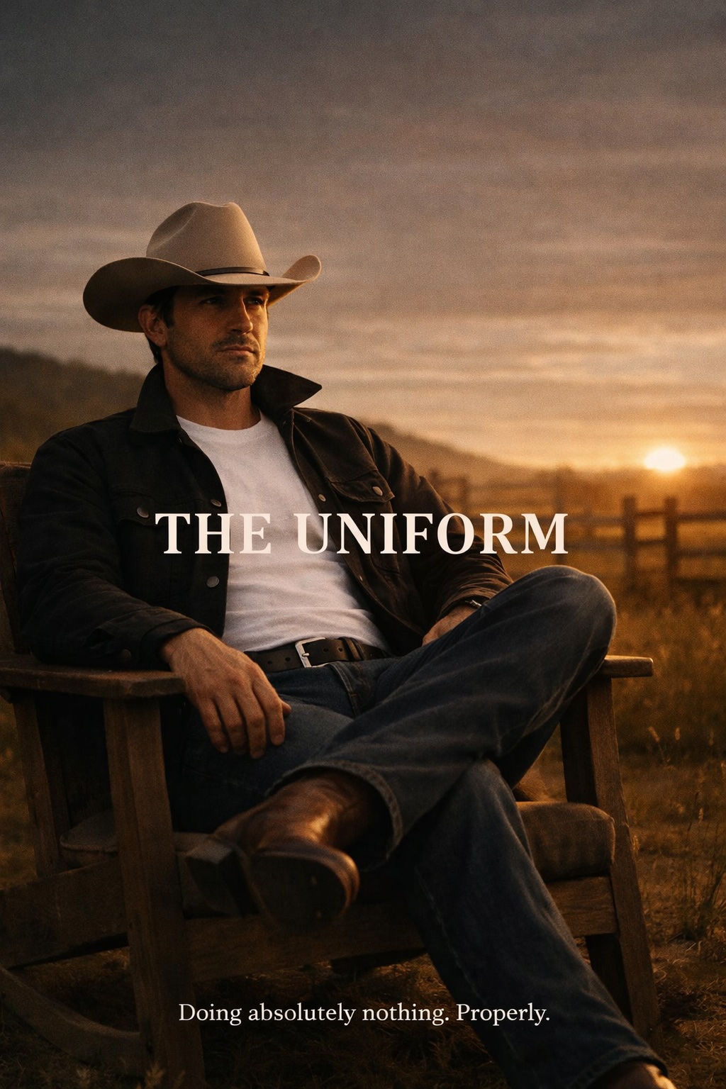 A man in the Proper Rancher uniform doing absolutely nothing at golden hour, sitting in a wooden chair by a fence.