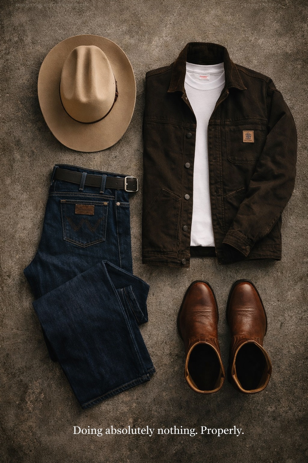 Flat lay of Wrangler jeans, white Hanes tee, cowboy boots, cowboy hat, and Carhartt jacket arranged neatly.